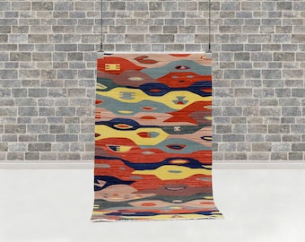 Handwoven Wool Kilim Rug, Abstract Wave Design, Colorful Boho Accent