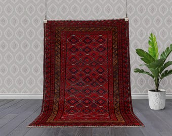 Vintage Baluch Tribal Rug – Hand-Knotted Wool, Lattice Diamonds – 137 × 95 cm (≈ 4'6" × 3'1")