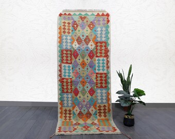 Handwoven Afghan Kilim Runner: Colorful Diamond Lattice Wool Rug
