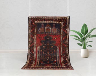 Vintage Baluch Rug 140 × 95 cm (4’7” × 3’1”) — Hand-Knotted Wool, Indigo–Red, Mihrab & Minaret Pictorial