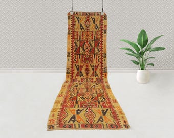 Vintage Turkish Kilim Runner | Handwoven Wool, Geometric Design (430x118 cm)