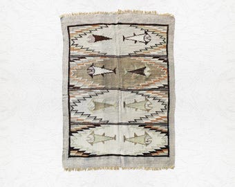 Scandinavian Fish Motif Flatweave Kilim 141 x 105 cm | Handwoven Wool Tapestry Kilim | Rölakan Style | Nordic Folk Art