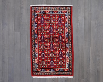 Hand-Knotted Wool Rug: Red Boho Chic Tribal Carpet (4.5 x 2.10 ft)