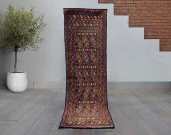 Charming Vintage Wool Runner in Navy and Terracotta | Unique Tribal Design | 1.3X4.2 ft