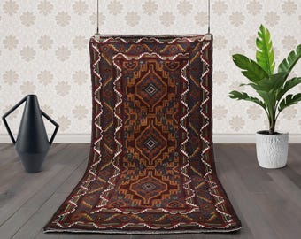 Vintage Baluch Tribal Rug: Hand-Knotted Wool Medallion, Ruby & Indigo