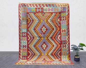 Colorful Wool Kilim Rug: Hand-Woven Tribal Flat-Weave (6'6" × 4'10")