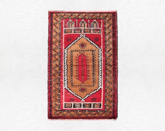 Vintage Hand-Knotted Wool Rug 130x83 cm | Red & Camel Mihrab Tribal Accent Rug | Hallway Runner, Entryway, Boho Decor