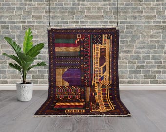 Vintage Afghan War Rug: Hand-Knotted Wool Cityscape Map