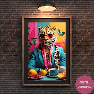 May include: A digital illustration of a leopard wearing sunglasses and a blue suit, sitting at a table with a cup of tea and fruit. The background is a colorful abstract design.