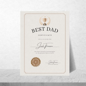 Certificato di Miglior Papà / Regalo per la Festa del Papà stampabile / Premio Papà Personalizzato / Download Immediato