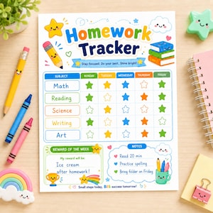 Weekly Homework Chart for Kids | Printable Homework Tracker & School Planner