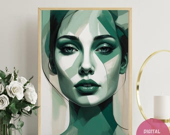 Impressão artística abstrata de mulher em verde esmeralda: decoração moderna minimalista (download digital)