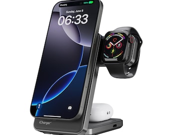 iCharger Ultra Slim Qi2 Black |  3-in-1 Wireless Charger for iPhone, Apple Watch & AirPods | Metal - Foldable Travel Charger | MagSafe