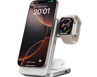 iCharger Ultra Slim Qi2 White |  3-in-1 Wireless Charger for iPhone, Apple Watch & AirPods | Metal - Foldable Travel Charger | MagSafe