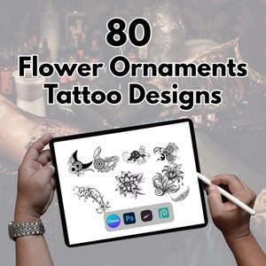 Set of 80 Procreate Flower Ornaments tattoo bundle, Medium Fine Line Designs Delicate Ornament Brush Set Bundle, Flash Tattoo Stencils,