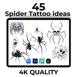 May include: A digital tablet displays 45 spider tattoo ideas in black and white. The designs include spiders, skulls, and spiderwebs. The tablet also displays the text "4K QUALITY".
