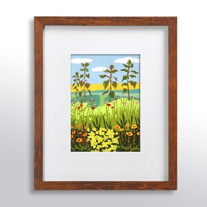 Flower Garden Painting Art Print 5x7, Warm Summer Day Scene, Plants and Sky, Bright Colorful and Happy, Original Artwork by Arrin Kartel