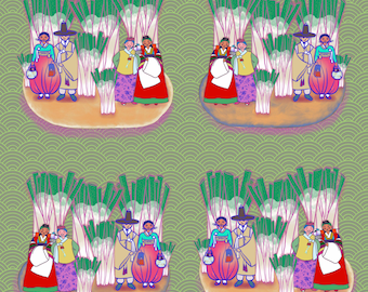 Green Onion Forest on Potato Hill | 4 Seamless PNG Patterns + Linen Illustration | Korean Hanbok Pattern Bundle