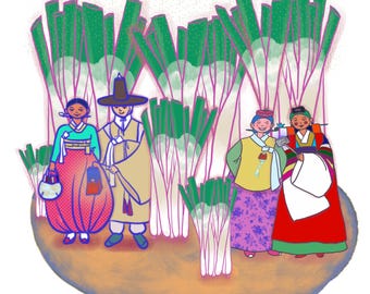 Spring Onion Forest on Potato Hill PNG Set | Korean Hanbok Illustration | Transparent Objects & Linen Background