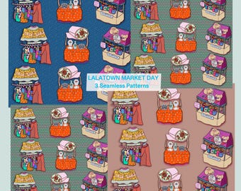 LALATOWN Market Day Seamless Pattern Bundle | 3 PNG Patterns | Hand Drawn Market Shops