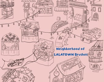 Neighborhood of LALATOWN Procreate Stamp Brushes | Cozy Town, Shop, House & Korean Street Illustration Brush Set