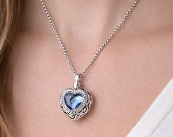 Blue Crystal Heart Urn Necklace: Sterling Silver Cremation Jewelry