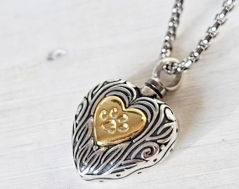 Engraved Silver Heart Paw Print Pet Memorial Urn Necklace – Keepsake for Cremation Ashes