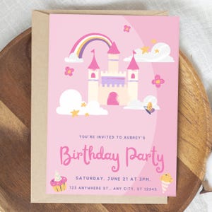 Invitación de cumpleaños de princesa editable, invitación de fiesta de cuento de hadas rosa, invitación de cumpleaños para niñas, plantilla de descarga instantánea