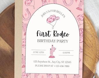 Pink First Rodeo Birthday Invitation, Cowgirl Party Invite, Western Birthday Template, Editable Canva Invitation, Instant Download Template
