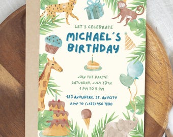 Jungle Birthday Invitation, Safari Party Invite, Editable Template, Printable Jungle Animal Invite, Instant Download Kids Party Invite