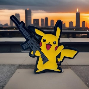 May include: A yellow Pikachu character holding a black rifle. The character is standing on a gray surface with a city skyline in the background.