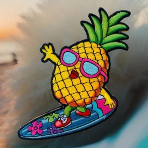May include: A yellow pineapple wearing pink sunglasses and red shoes is surfing on a blue and pink surfboard with colorful flowers.