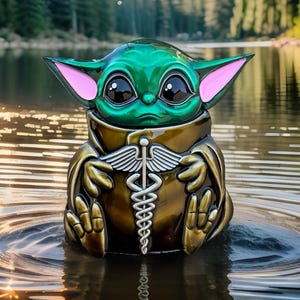 May include: A green and gold figurine of a popular fictional character with large ears and a medical symbol on its chest. The figurine is sitting in a body of water.