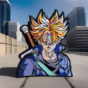 May include: An embroidered patch featuring a cartoon character with spiky yellow hair, a blue jacket, and a serious expression. The character is holding a sword behind their back.