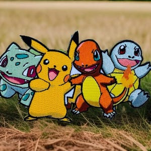 May include: Four embroidered patches featuring popular Pokemon characters: Bulbasaur, Pikachu, Charmander, and Squirtle. The patches are colorful and detailed, with each character's signature features and colors.