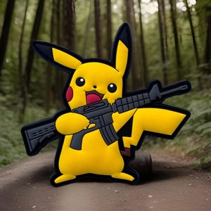 May include: A yellow Pikachu cartoon character holding a black assault rifle. The character is smiling and has red cheeks. The background is a blurry image of a forest.