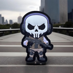 May include: A black and white cartoon character with a skull face wearing headphones and holding a rifle. The character is wearing a tactical vest and pants. The background is a blurry city scene.
