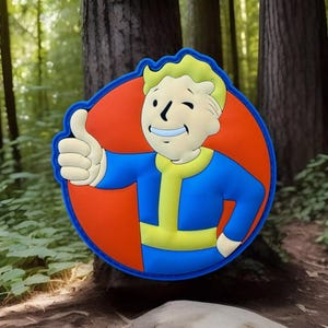 May include: A blue and yellow cartoon character with a red background giving a thumbs up. The character is wearing a blue jumpsuit with a yellow belt and has a winking face.