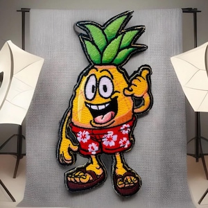 May include: A yellow pineapple cartoon character wearing red and white floral swim trunks and giving a shaka sign. The character has a big smile and is wearing brown flip-flops.