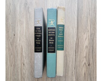 Modern Library set of three blue green books, Emily Dickinson, Thomas Hardy, Tess Durbervilles, Return of the Native