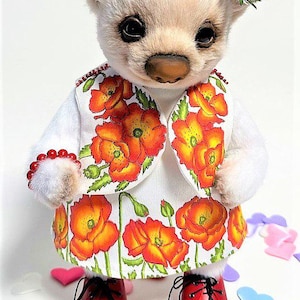 Handmade  Summer Teddy Bear 35 cm – Collectible Plush Bear in Clothes, Gift Box, OOAK Artist Bear Girl Toy