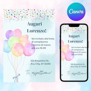 Invito di compleanno con palloncini per bambino, festa di compleanno con palloncino, biglietto di invito di compleanno per bambini, canvas