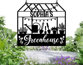 Letrero metálico personalizado para invernadero, letrero con nombre para jardín, arte de pared rústico para amantes de las plantas, decoración para invernaderos al aire libre, regalo de jardinería