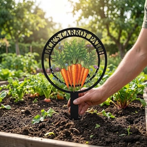 Puede incluir: Un marcador de jardín de metal negro con un diseño circular. El diseño incluye el texto "JACK'S CARROT PATCH" y una ilustración de zanahorias y follaje. El marcador se coloca en un parterre.