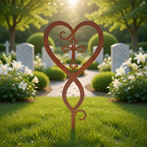 Hjärtkors Infinity Metall Trädgårdspåke, Rostig Trädgårdsdekor, Kristen Konstskylt