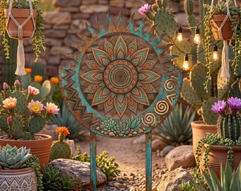 Paletto da giardino Mandala Sun – Decorazione da giardino in metallo in stile boho, scultura ispirata al deserto del sud-ovest americano
