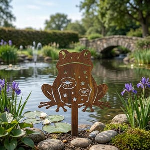 Estaca de jardín con forma de rana - Decoración de metal para jardín - Arte para estanques y jardines - Decoración de jardín para exteriores, regalo para amantes de las ranas, letrero rústico de metal