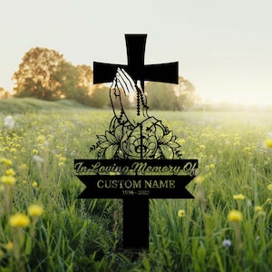 Cross With Praying Hand Memorial Metal, Personalized Floral Cross Memorial Plaque with Stake, Sympathy Sign, Grave Marker, Remembrance Stake