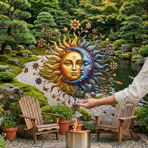 May include: A colorful metal wall art piece depicting the sun and moon embracing, with floral and butterfly accents. The artwork features warm gold, blue, and purple hues. The background shows a serene garden setting with a pond and wooden chairs.