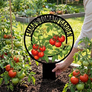 May include: Black metal garden sign with the text "EMMA'S TOMATO GARDEN" in a circular design. The sign features a colorful illustration of tomato plants with red and green tomatoes. The sign is placed in a garden bed with tomato plants.